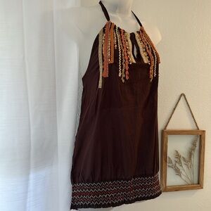 NWT PrAna Elina Halter Dark Brown Top w colorful Embroidery 100% cotton Size Xl